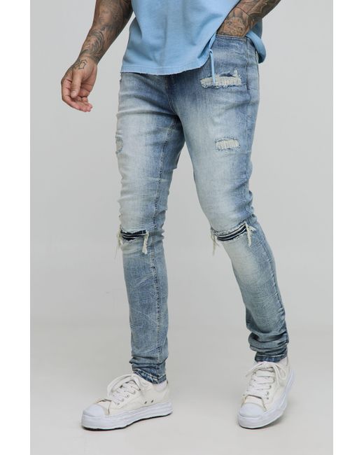 BoohooMAN Blue Tall Acid Wash Rip & Repair Stacked Skinny Jeans for men