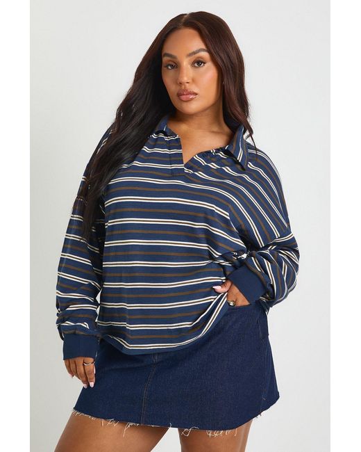 Boohoo Blue Plus Striped Heavy Cotton Button Detail Collared Rugby Top