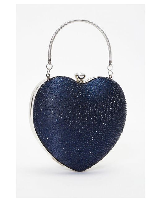 Quiz Blue Navy Satin Diamante Heart Bag