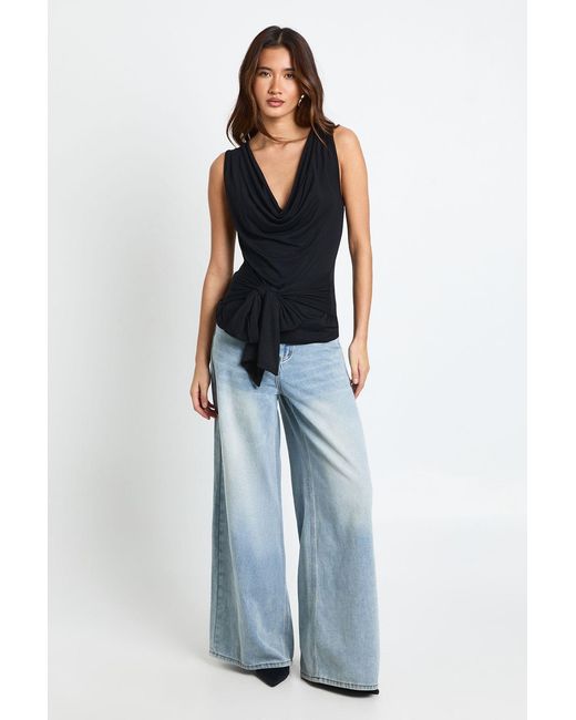 Boohoo Blue Cowl Neck Tie Waist Sleeveless Top