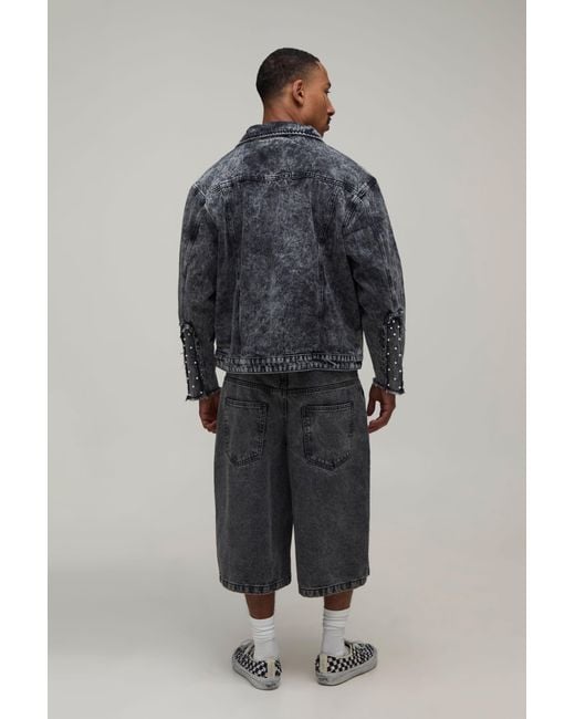 BoohooMAN Black Oversized Acid Wash Pearl Embellished Denim Jacket for men