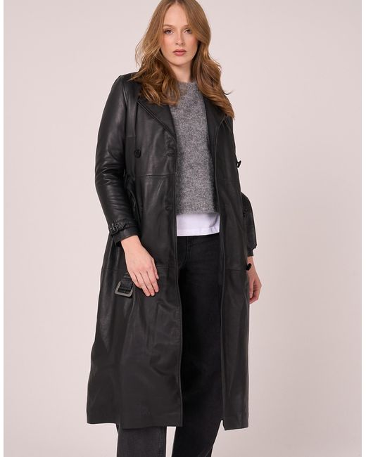 Barney's Originals Black Real Leather Trench Coat