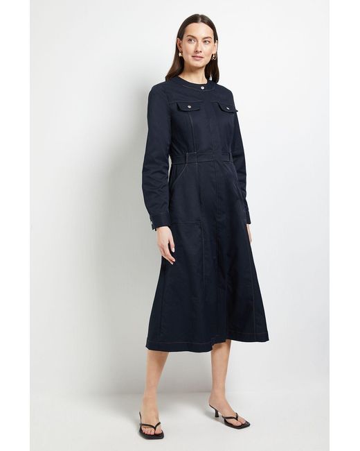 PRINCIPLES Blue Utility Pocket Collarless Shirt Dress