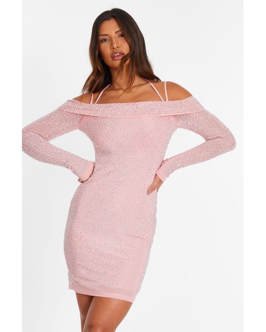 Quiz Pink Rhinestone Cold Shoulder Dress