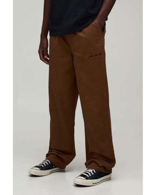 BoohooMAN Brown Relaxed Fit Half And Cargo Embroidered Trousers for men