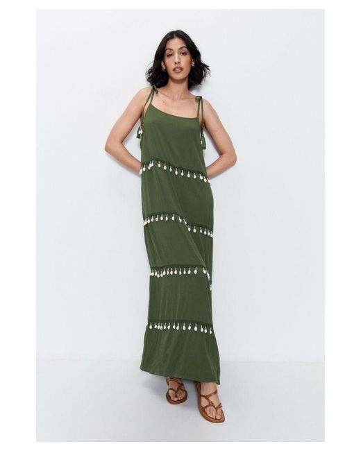 Warehouse Green Crinkle Viscose Shell Tiered Maxi Dress