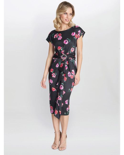 Gina Bacconi Blue Saffron Floral Print Satin Dress With Buckle