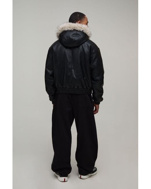 BoohooMAN Gray Oversized Boxy Reversible Faux Fur & Pu Clasp Hooded Bomber Jacket for men