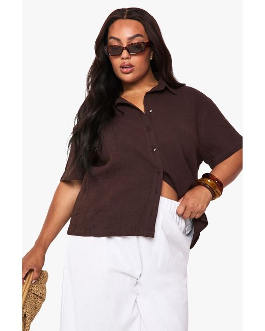 Boohoo Brown Plus Cheesecloth Short Sleeve Shirt