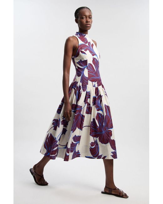 Karen Millen Multicolor Graphic Print Cotton Sateen Woven Halter Dress Viscose