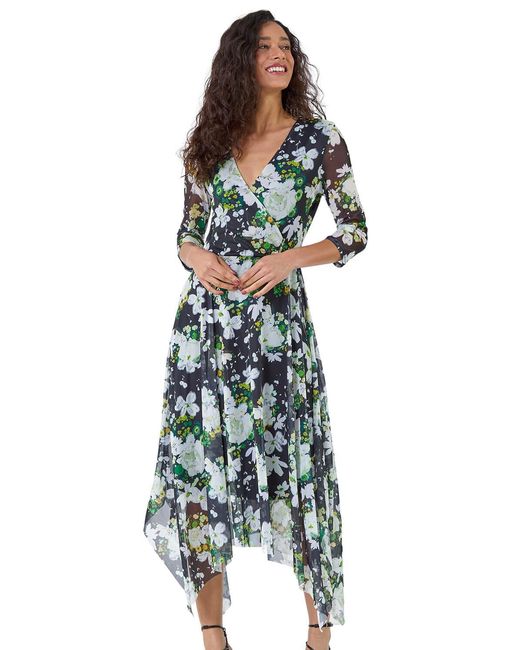 D.u.s.k Green Abstract Stretch Mesh Hanky Hem Wrap Dress
