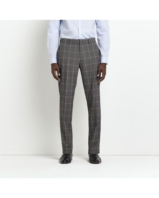 River Island Gray Suit Trousers Slim Fit Check for men