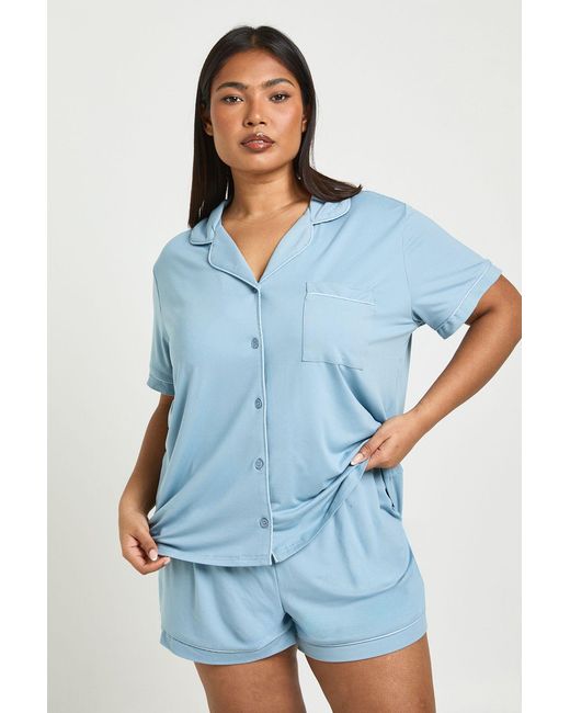 Boohoo Blue Plus Jersey Piping Short Sleeve And Shorts Pyjama Set