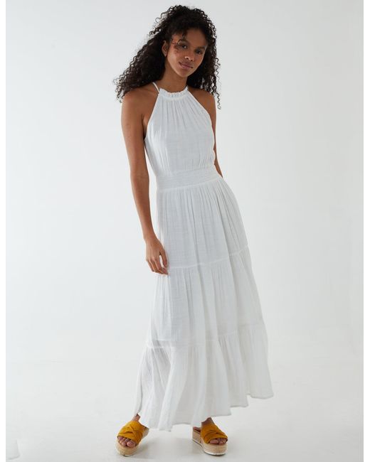 Blue Vanilla White Drawstring Maxi Halter Neck Dress