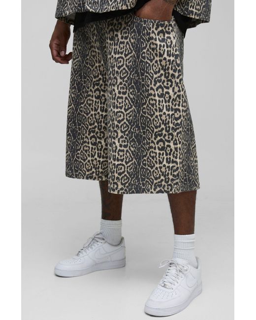 BoohooMAN Black Plus Washed Leopard Longline Jorts for men