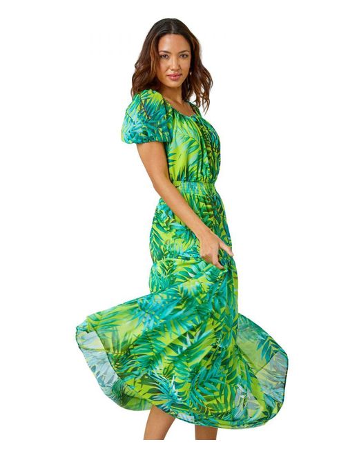 Roman Green Palm Print Tiered Maxi Dress