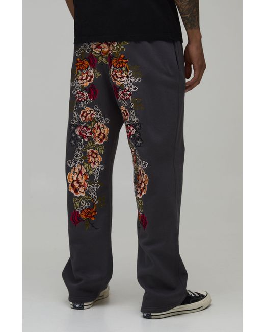 BoohooMAN Black Straight Fit Floral Embroidered Jogger for men