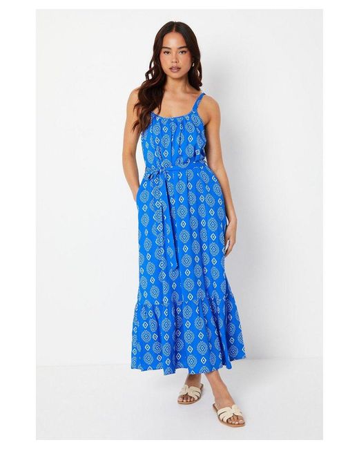 Dorothy Perkins Blue Petite Tile Tiered Pocket Midi Dress Viscose