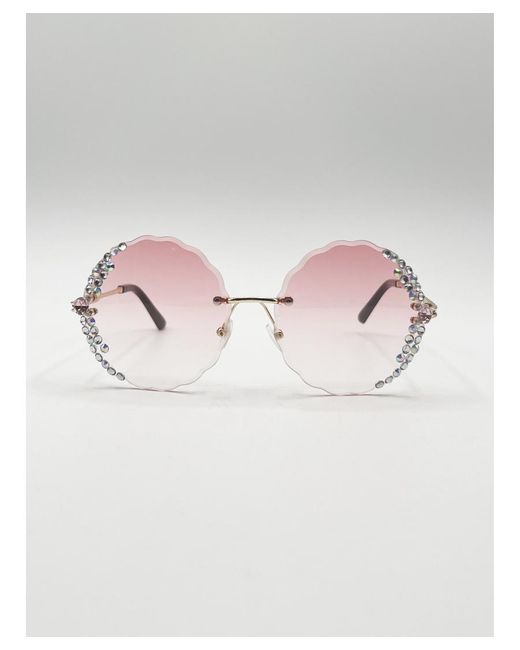 SVNX Pink Oversized Round Frameless Sunglasses With Crystal Detail
