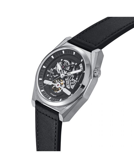 Heritor Metallic Amadeus Semi-Skeleton Leather-Band Watch for men