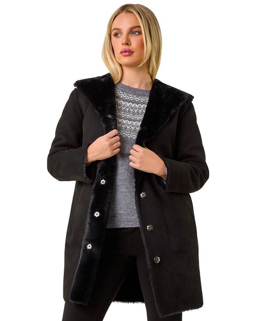 Roman Black Petite Faux Sheepskin Reversable Hooded Coat