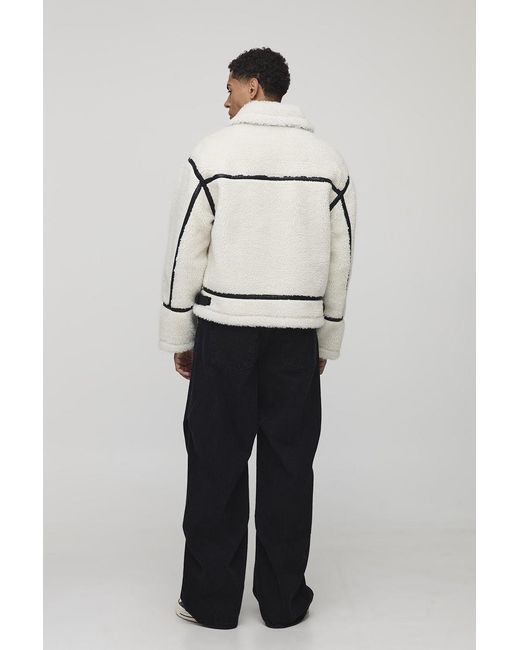 BoohooMAN Natural Oversized Fit Borg Pu Seam Aviator Jacket for men