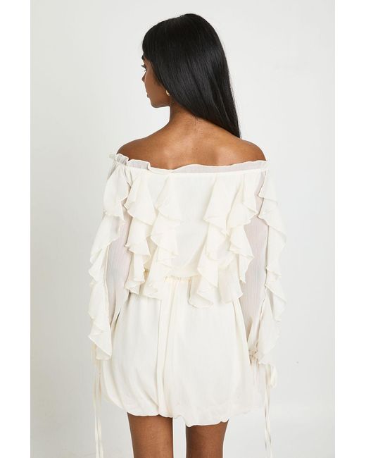 Boohoo Natural Bardot Ruffle Detail Textured Chiffon Playsuit