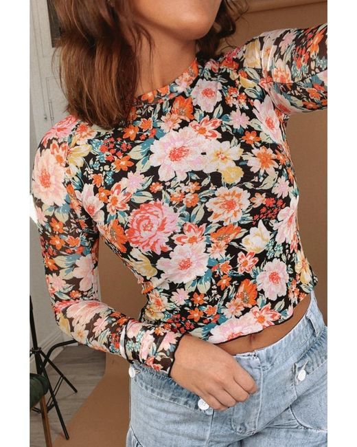Azura Exchange Brown Floral Mesh Slim Long Sleeve Crop Top