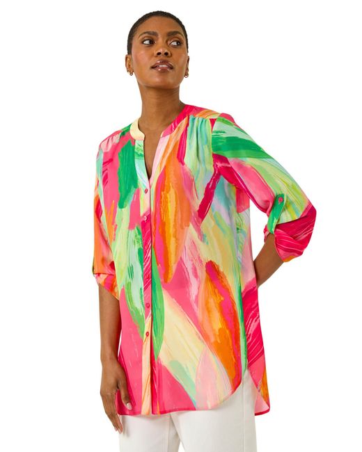 Roman Red Abstract Print V-Neck Button Blouse