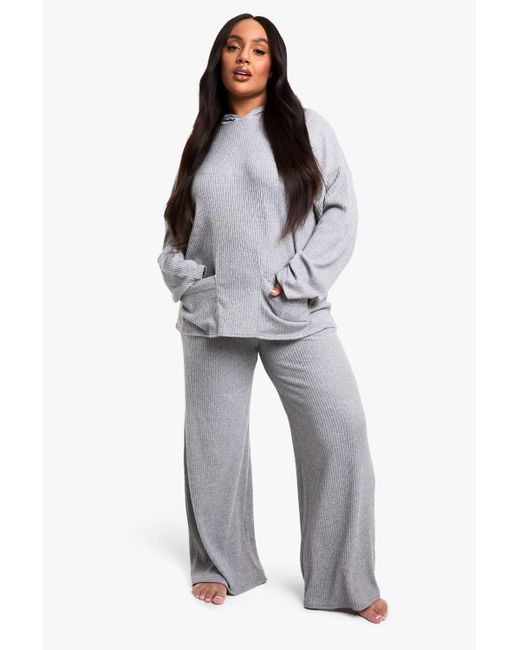 Boohoo Blue Plus Soft Brushed Rib Hoodie Lounge Set