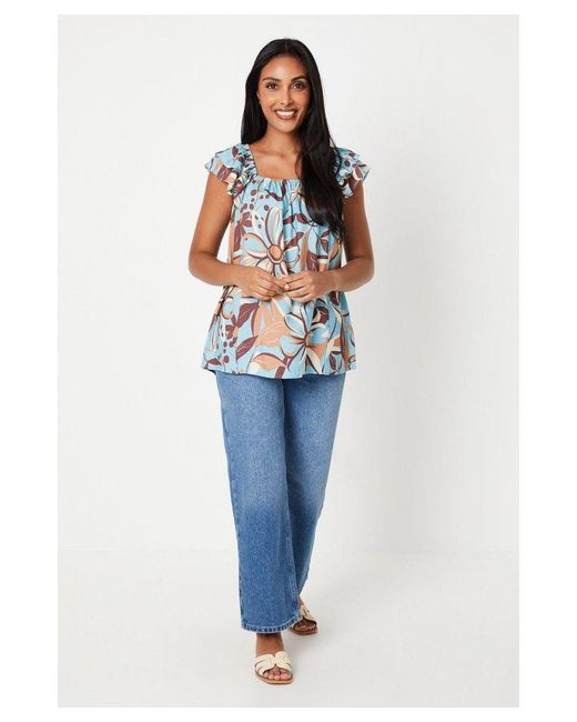 Wallis Blue Petite Leaf Print Square Neck Cap Sleeve Top