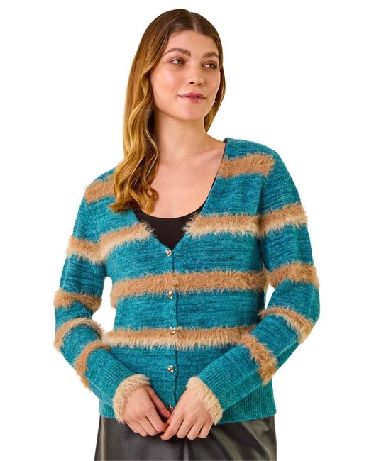 Roman Blue Fluffy Stripe Knit Cardigan