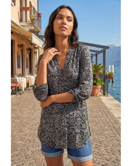 Roman Gray Animal Print Stretch Blouse
