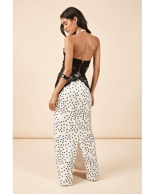 Boohoo Natural Polka Dot Satin & Lace Contour Panel Maxi Dress