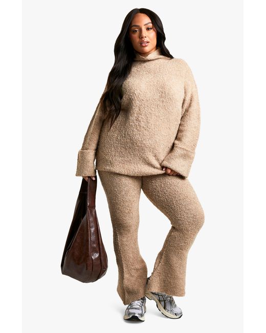 Boohoo Natural Plus Borg High Neck Cuff Detail Knitted Jumper And Flare Trouser Co-Ord