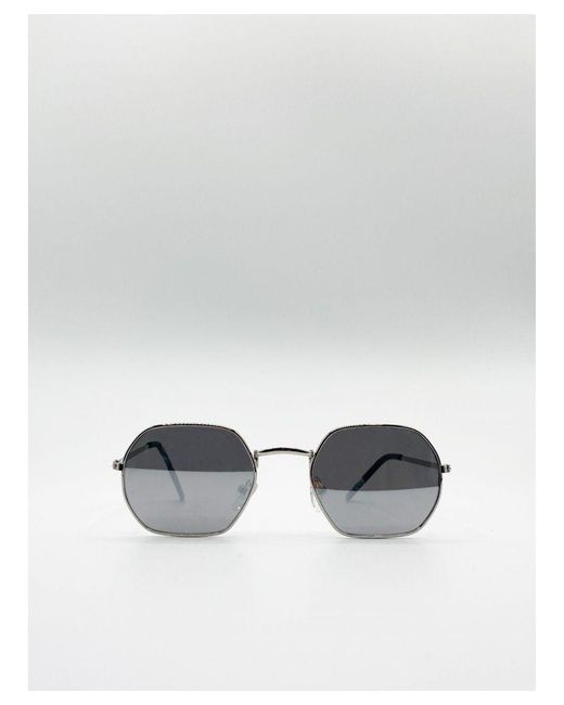SVNX White Hexagon Metal Frame Sunglasses With Mirror Lenses for men