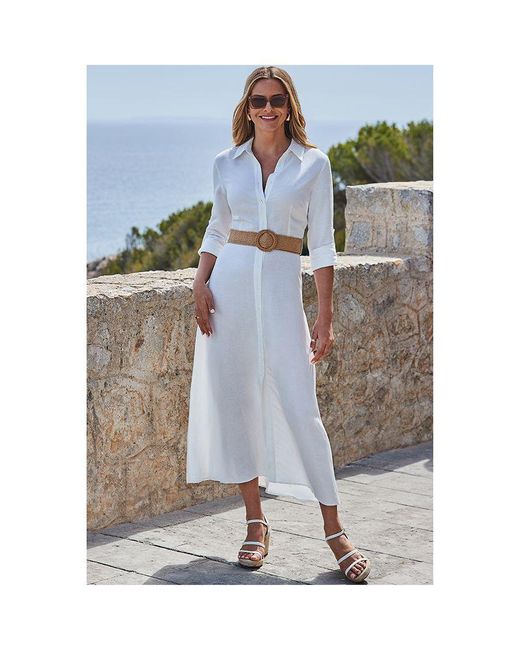 Sosandar Blue Linen Midi Shirt Dress With Raffia Belt