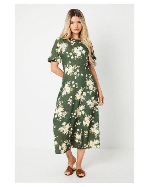 Dorothy Perkins Green Floral Puff Sleeve Midi Dress Viscose