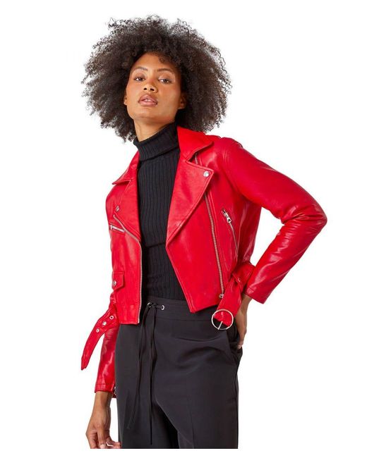 D.u.s.k Red Cropped Faux Leather Biker Jacket