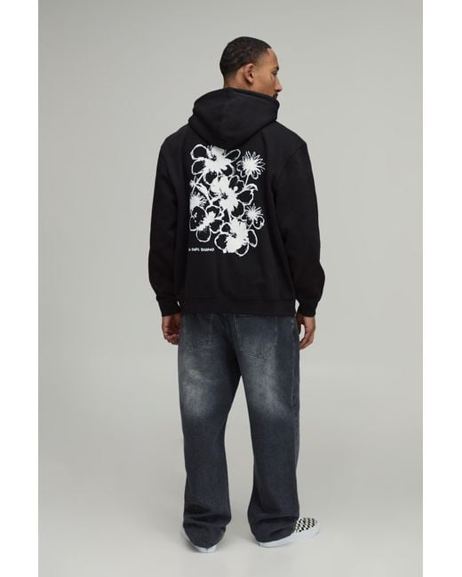 BoohooMAN Black Oversized Floral Sketch Print Hoodie Cotton for men