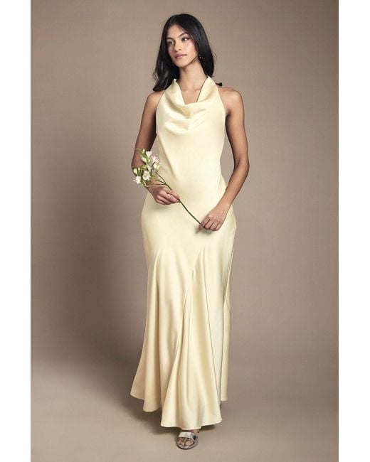 Oasis Natural Petite Cowl Halterneck Satin Maxi Bridesmaid Dress