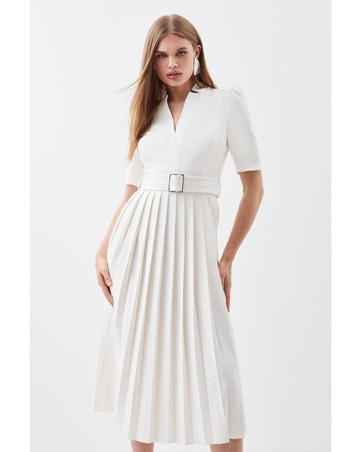 Karen Millen White Tailored Structured Crepe Forever Pleat Belted Midi Dress