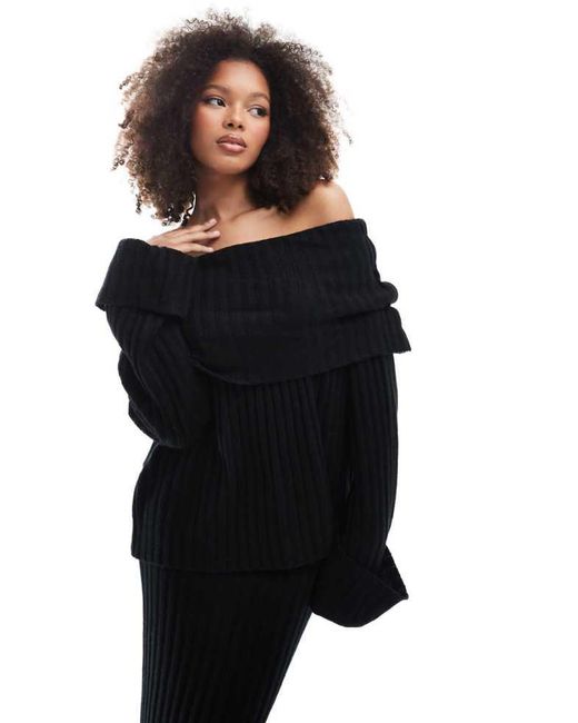 SNDY'S Black Rib Knit Foldover Bardot Jumper Co-Ord
