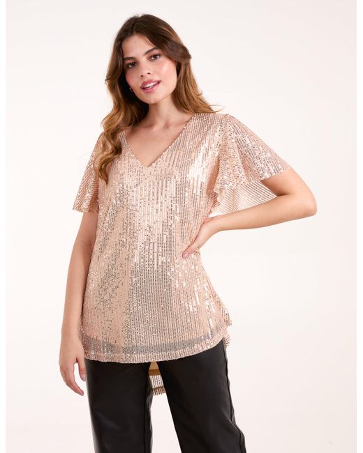 Blue Vanilla Natural Angel Sleeve V Neck Sequin Top