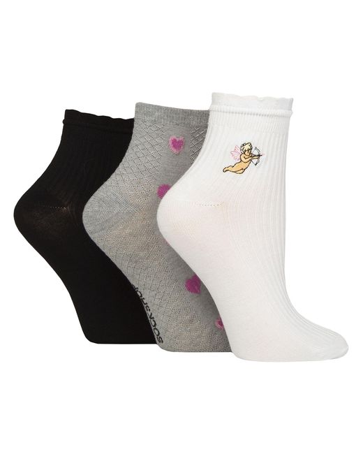 Elle Black 3 Pack Ladies Ribbed Anklet Socks With Frill Welt