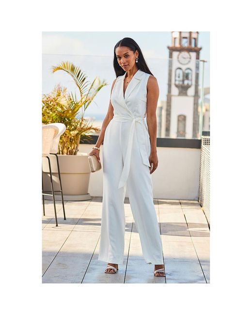 Sosandar White Ivory Wide Leg Wrap Front Tailored Jumpsuit