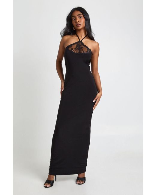 Boohoo Blue Slinky Maxi Dress With Lace Halterneck Detail