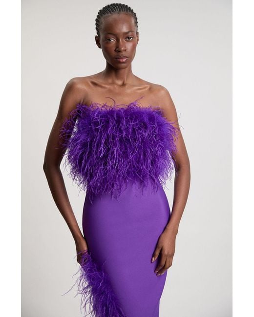 Karen Millen Purple Figure Form Bandage Feather Detail Bandeau Knit Midi Dress