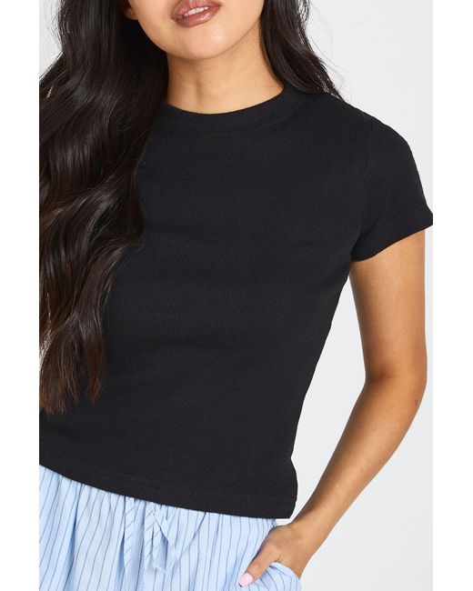 Boohoo Blue Petite Basic Rib Short Sleeve Fitted Top