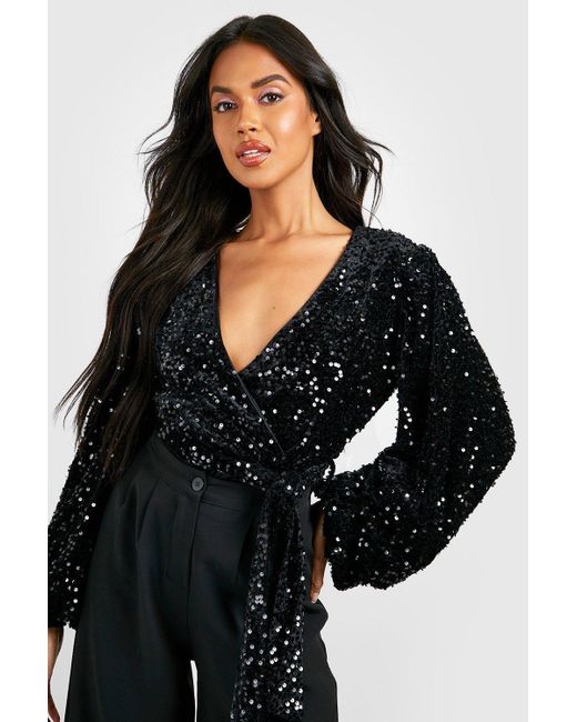 Boohoo Black Volume Sleeve Velvet Sequin Bodysuit